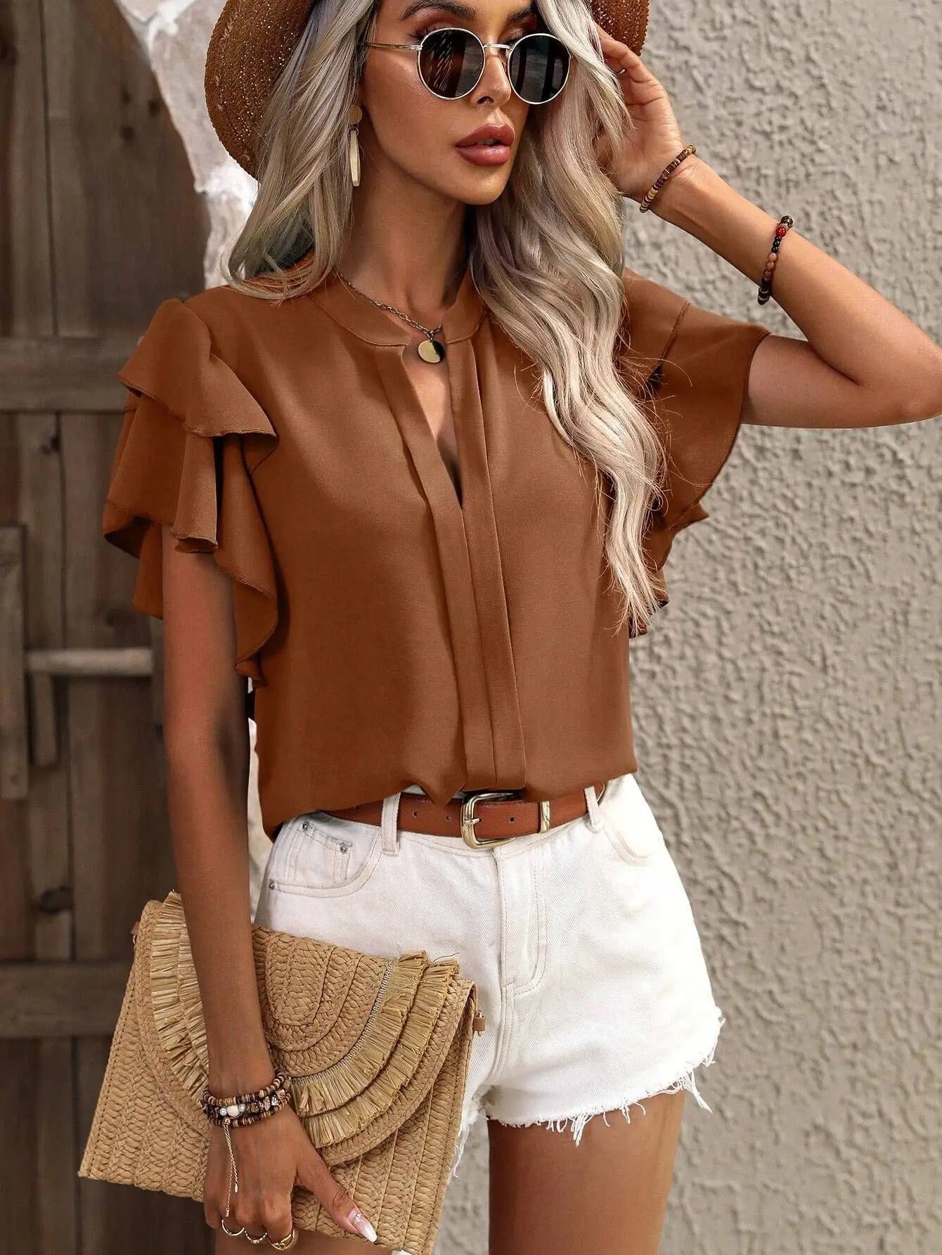 V-neck Ruffle Sleeve Solid Color Blouse