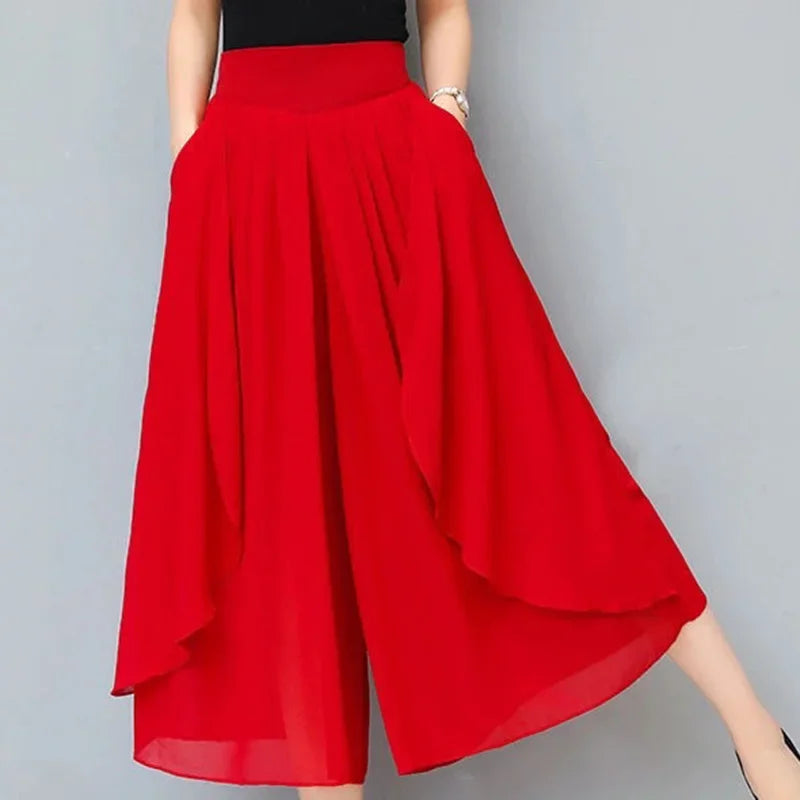 Elegant Solid Color Loose Elastic High Waist Folds Ruffles Capris Women's New Office Lady Commute Irregular Casual Pants Bazaare Mart