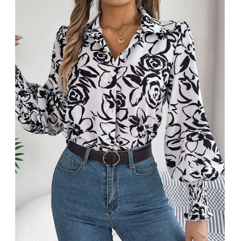 Floral Long Lantern Sleeve Flip Collar Blouse