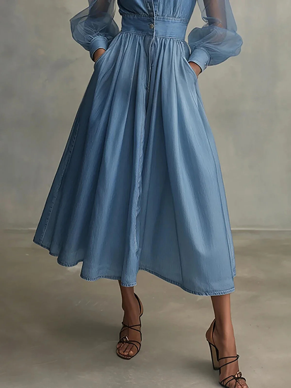 Classy Light Blue Denim Midi Shirt Dress with Sheer Puff Sleeves
