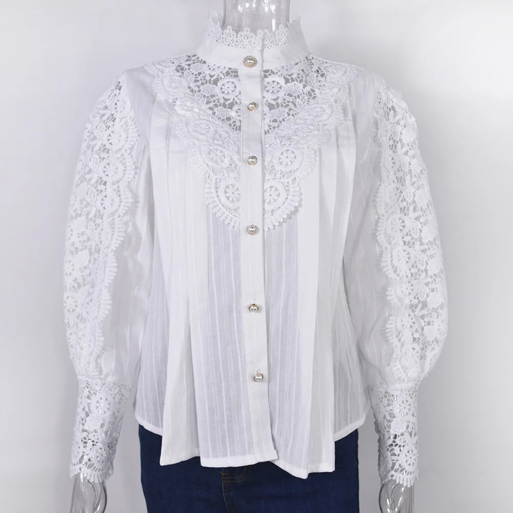 Vintage Lace Long Sleeve Pearl Button Blouse