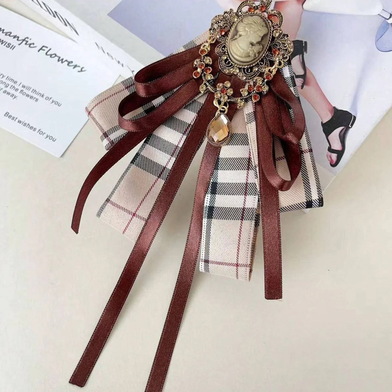 Women's Vintage Plaid Cameo Bow Tie Bazaare Mart Lady's Bowtie