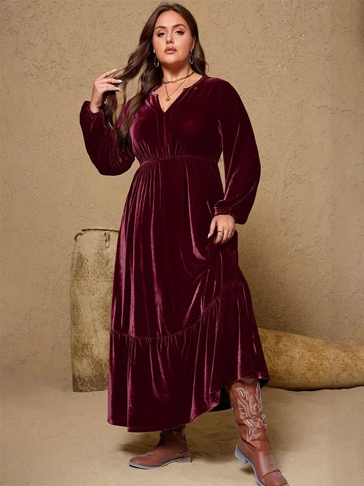 Velvet V-Neck Long-Sleeve Maxi Dress Red Bazaare Mart Long-Sleeve Maxi Dress