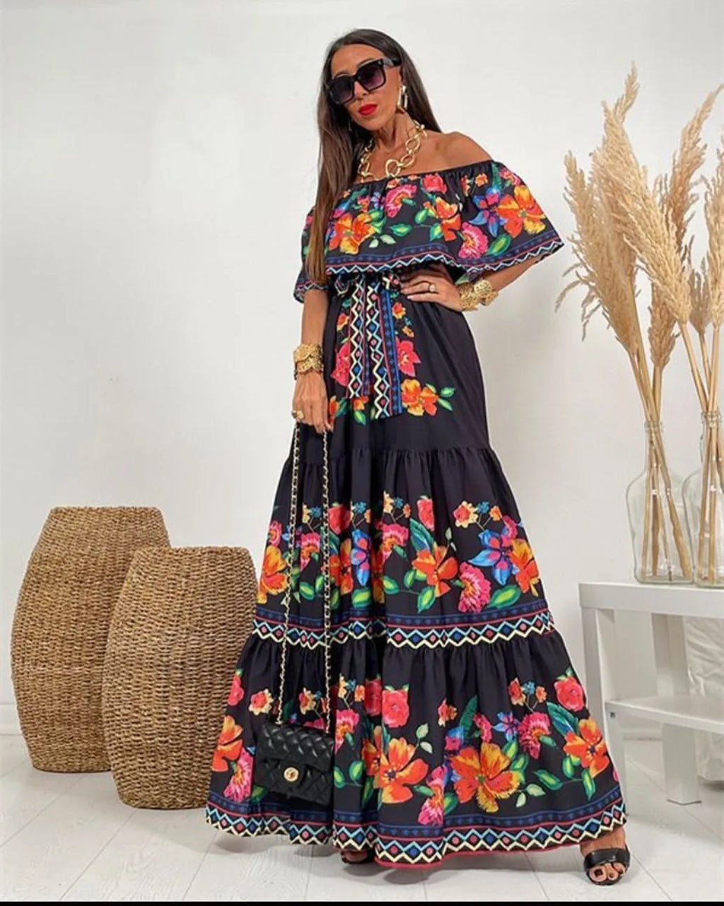 Off-shoulder Long Ruffled Peasant Dress