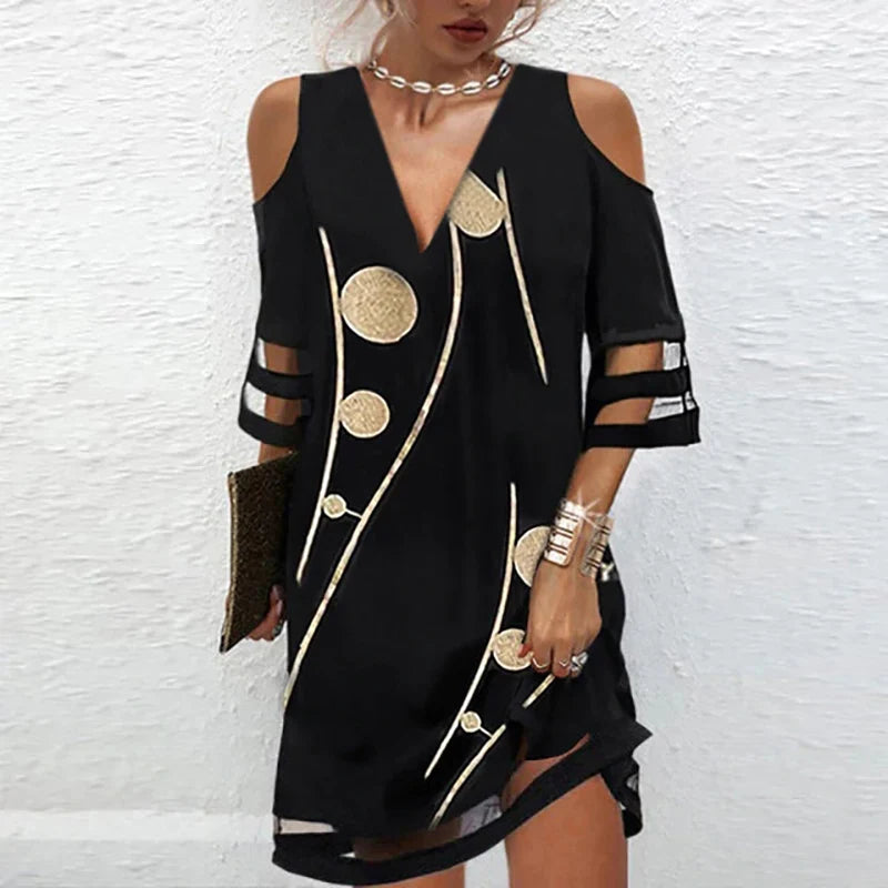 Summer Cold-Shoulder V Neck Stripe Mesh Sleeve Dress Bazaare Mart Black V-Neck Dress
