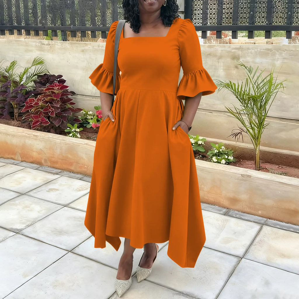 Ruffle Sleeve Square Neck Midi Dress Bazaare Mart Plus Size Half Sleeve Midi Dress