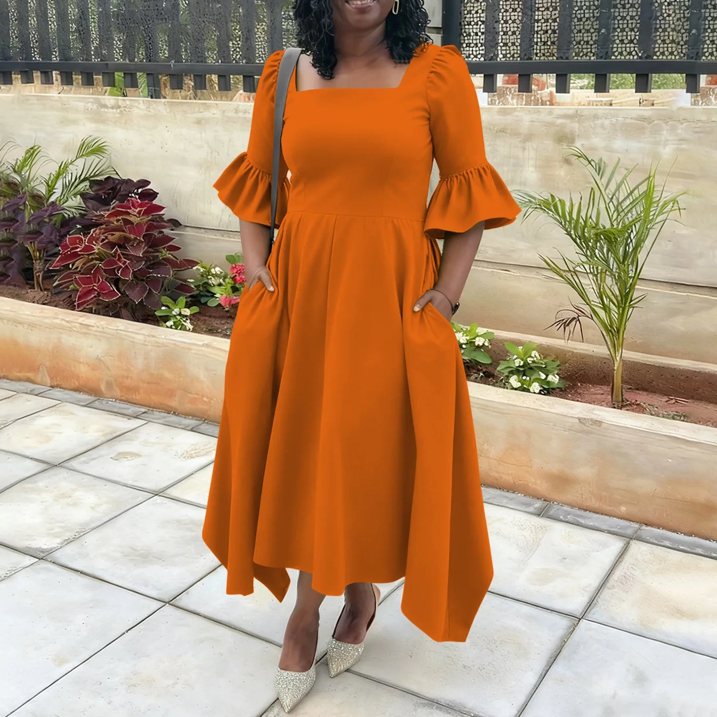 Ruffle Sleeve Square Neck Midi Dress Bazaare Mart Plus Size Half Sleeve Midi Dress