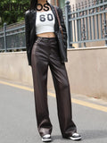Winter Fleece PU Leather Wide Leg Pants Brown Bazaare Mart Winter Fleece PU Leather Wide Leg Pants