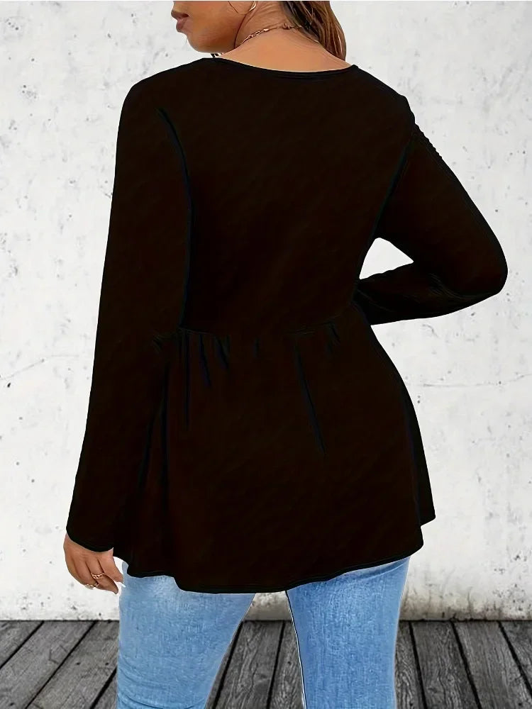 Black Square Neck Pleated Long Sleeve Top