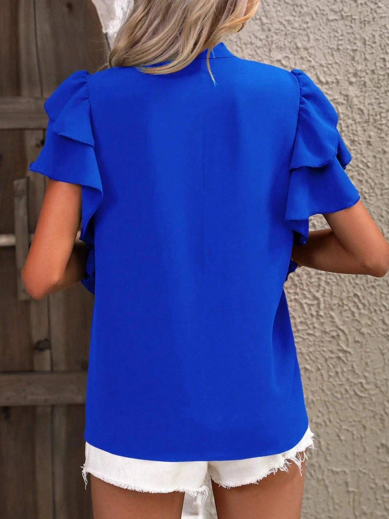 V-neck Ruffle Sleeve Solid Color Blouse