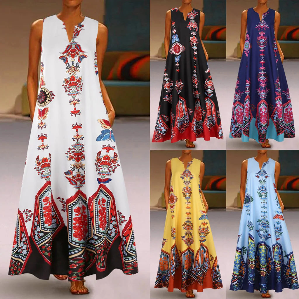 Women's Retro Boho Maxi Dress – Sleeveless V-Neck Summer Beach Dress with Pockets Bazaare Mart Maxi Sundress