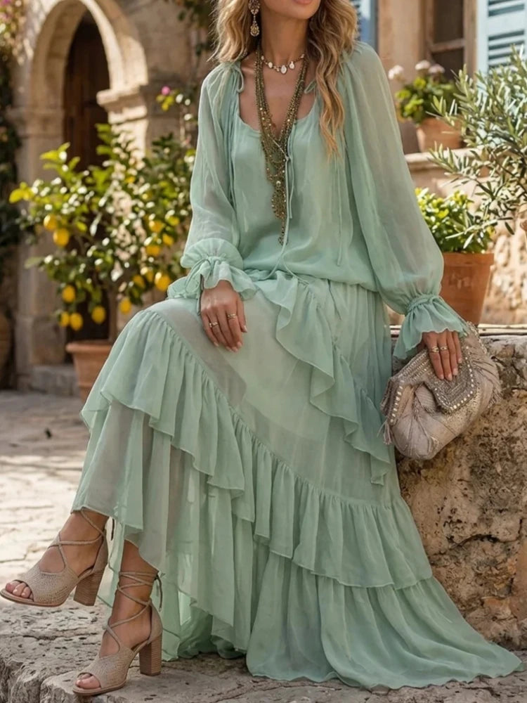 Boho Flowy Chiffon Two-Piece Maxi Skirt Set