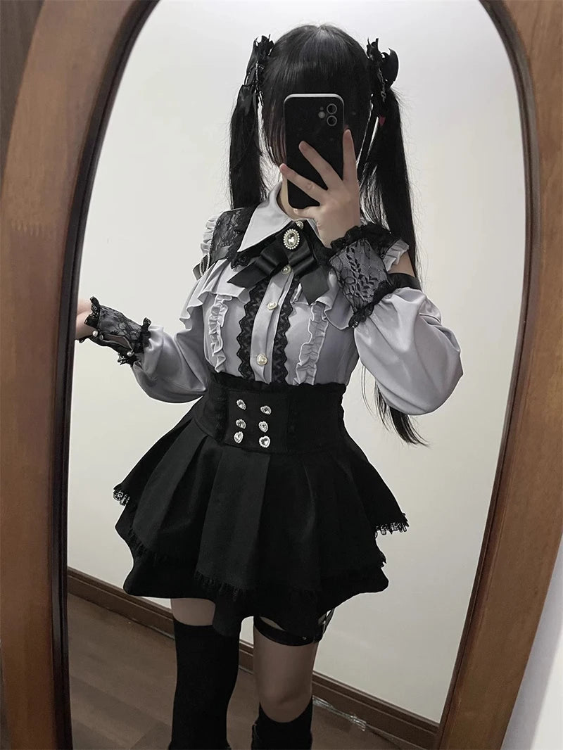 Jirai kei Shirt JK Skirt Japanese Style Lolita Y2K Sweet School Uniform Blouse Top Dress Darkness Outfit Women Girls Theme Party Bazaare Mart