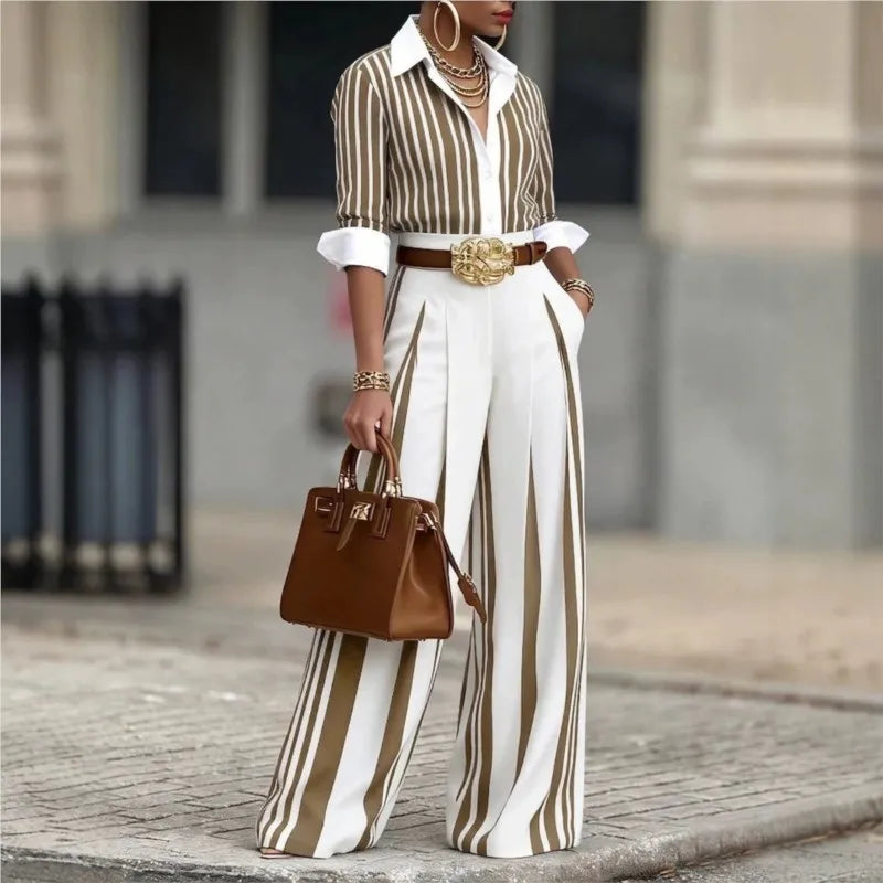 Striped Two-Piece Set – Button-Up Shirt & Wide-Leg Pants