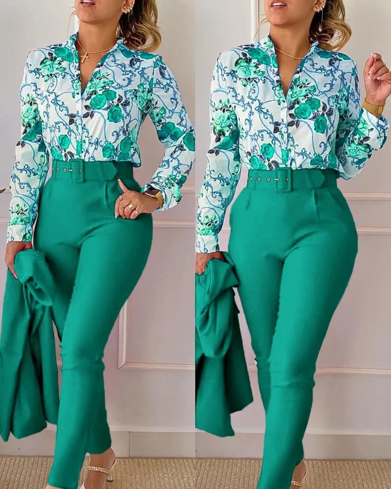 Print Long Sleeve Shirt Matching Pants Sets With Belt