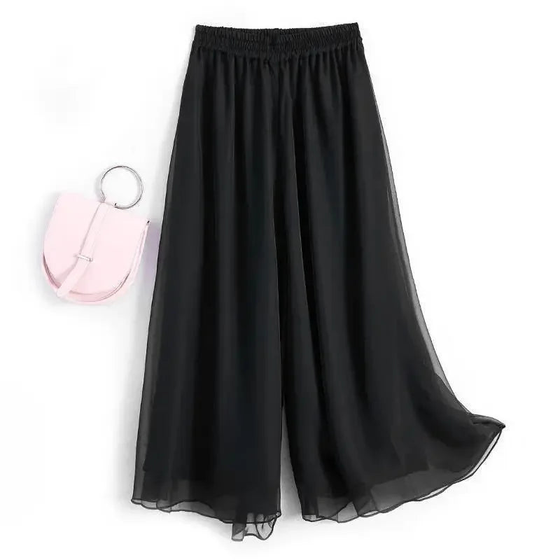 New Summer White Drape Chiffon Wide-Leg Pants Casual Chiffon Trousers Pants Women Clothing Loose High Waist Slim Skirt bd67 black Bazaare Mart