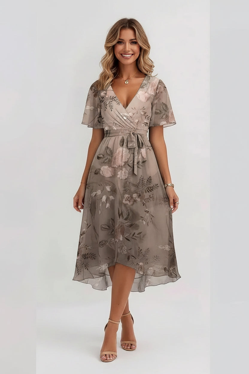 Elegant Floral Surplice Midi Dress Apricot Bazaare Mart Surplice Midi Dress
