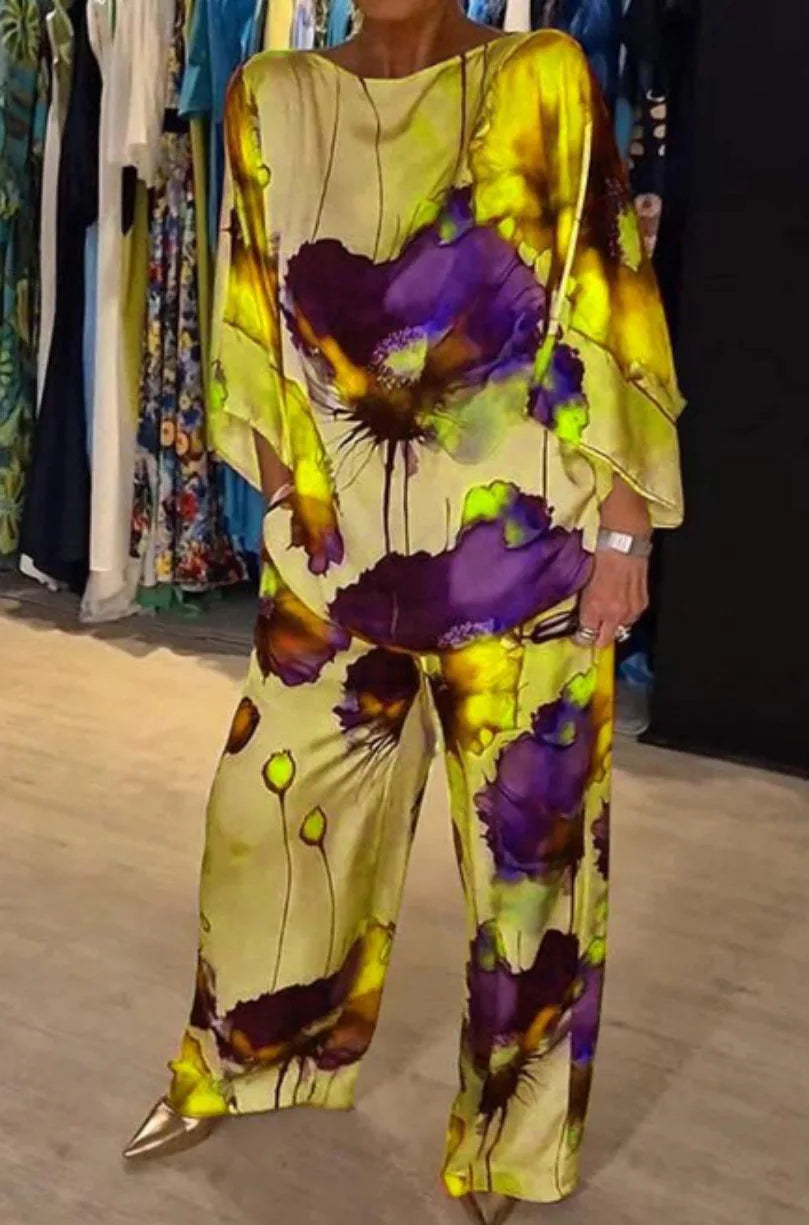 Printed Satin Two-piece Set, 3/4 Sleeve Round Neck Pants, Summer Fashion, Pants Sets