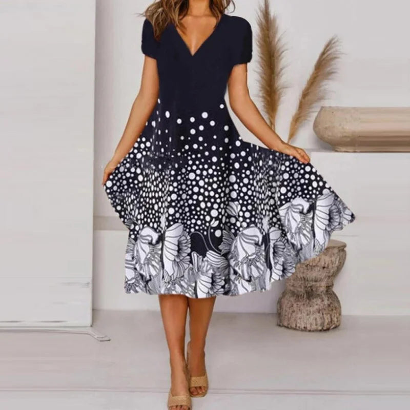 Fashion Flower Print V Neck Short Sleeve Dress Trend Streetwear Ladies Summer Vacation Casual Commuter Dressy Women Big Hem Gown Bazaare Mart