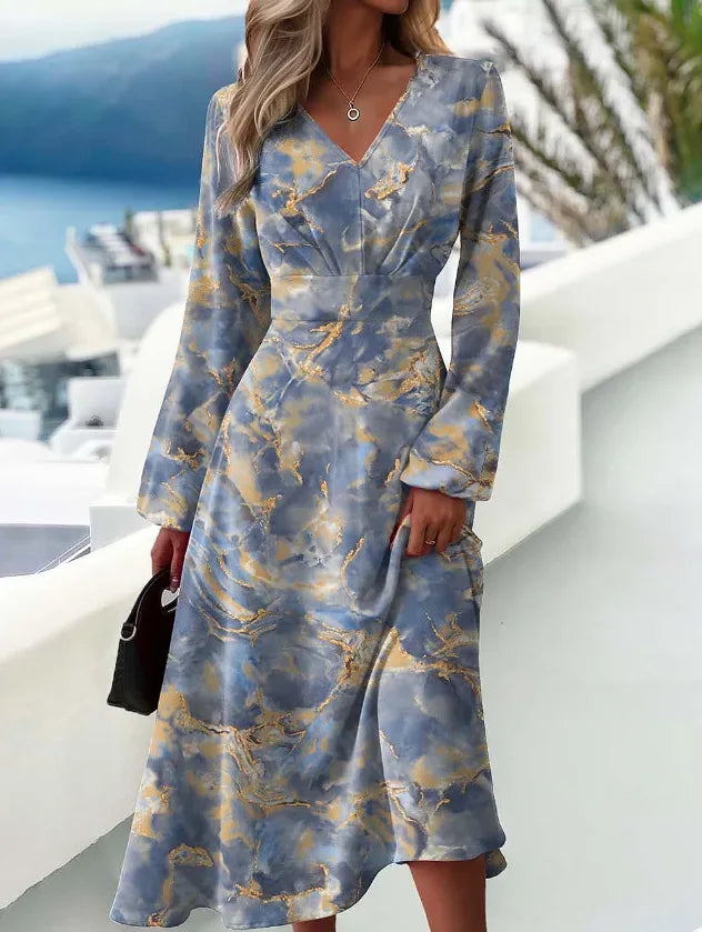 Slim Fit Printed V-neck Long Sleeve Dress Bazaare Mart Long Sleeve Midi Dress