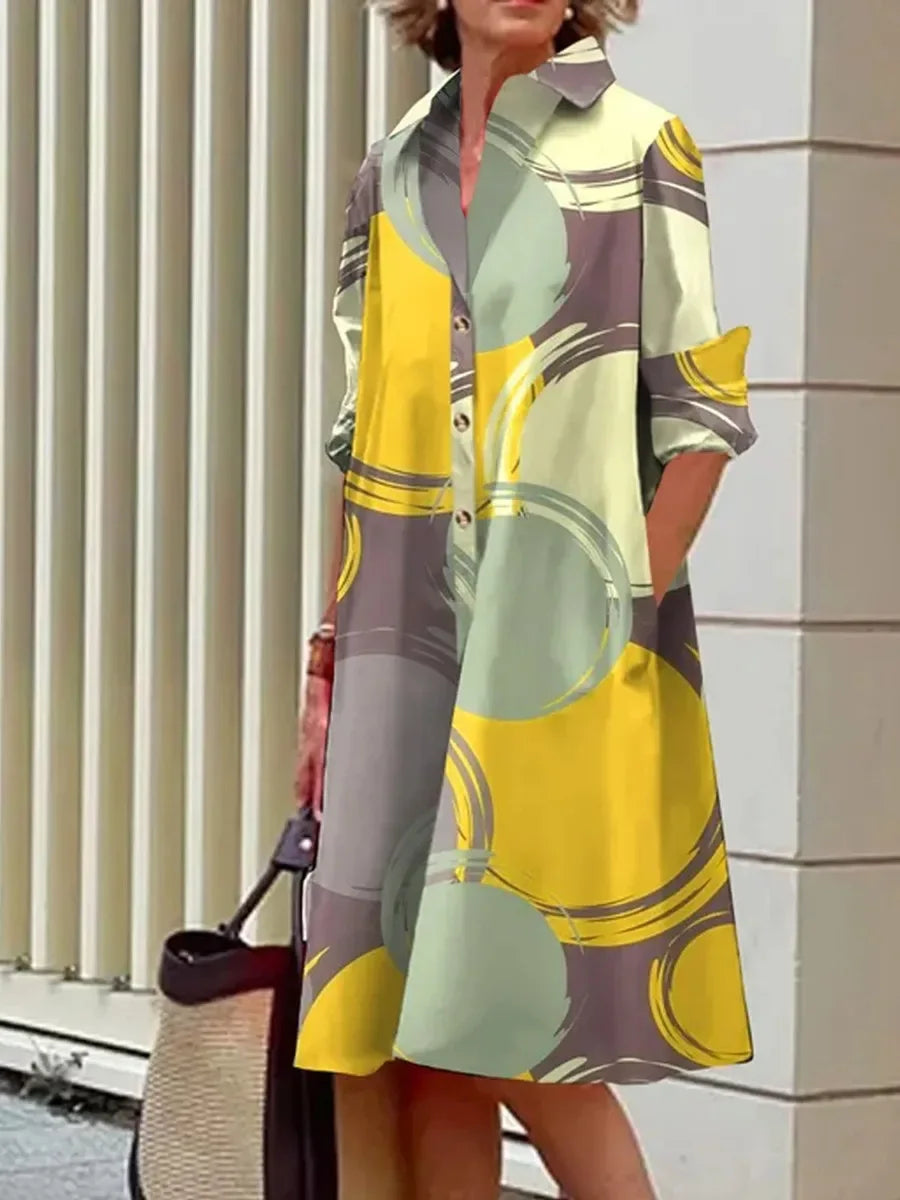Retro Yellow and Green Abstract Blouse Dress Yellow Bazaare Mart Retro Shirt Dress