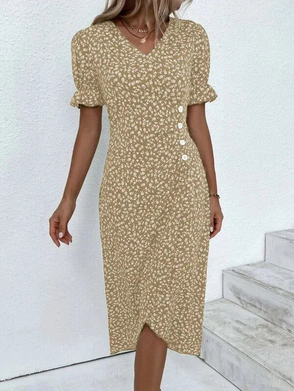 Elegant Printed Puff Sleeve V-neck Wrap Dress