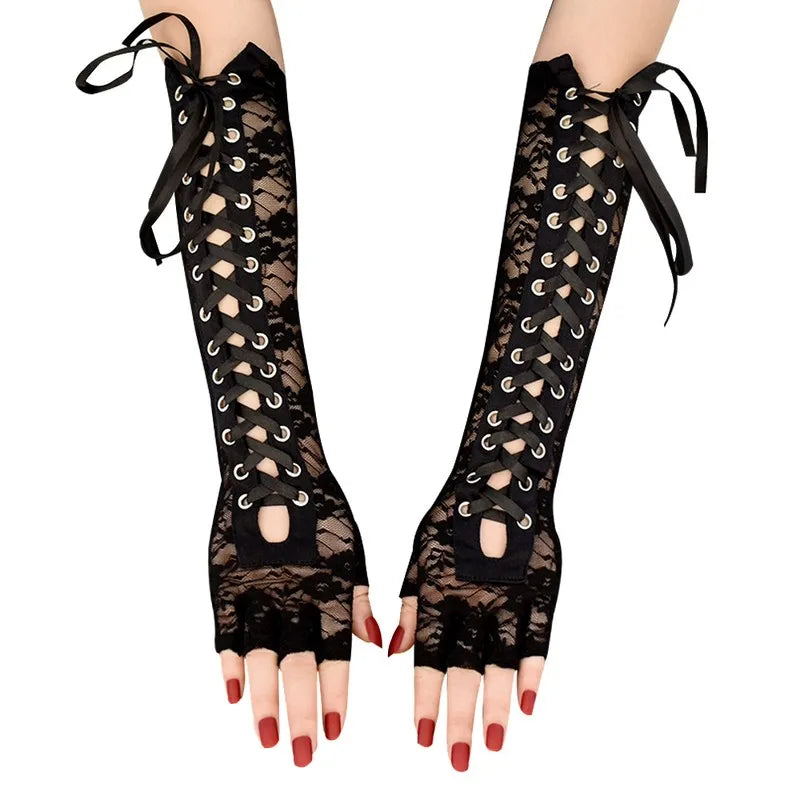 Lacy Lace Up Half-Finger Gloves