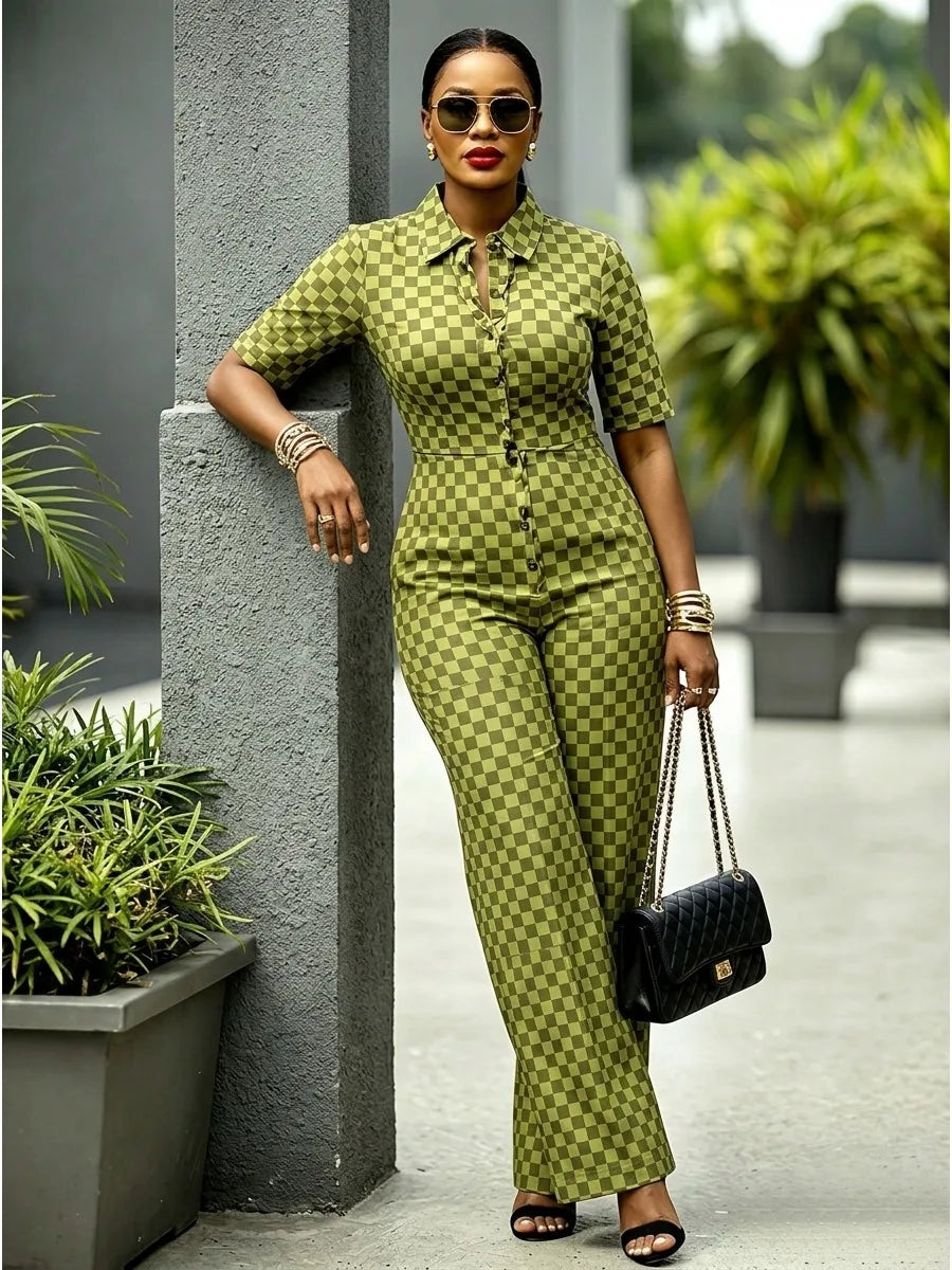 Green Checkerboard Jumpsuit – Button-Front Wide-Leg One-Piece