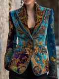 Vintage Peacock Blue & Gold Gilded Baroque Velvet Blazer