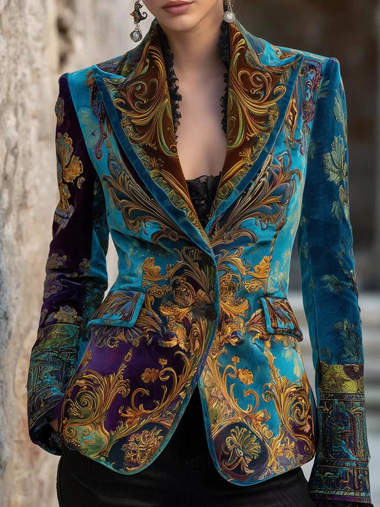 Vintage Peacock Blue & Gold Gilded Baroque Velvet Blazer