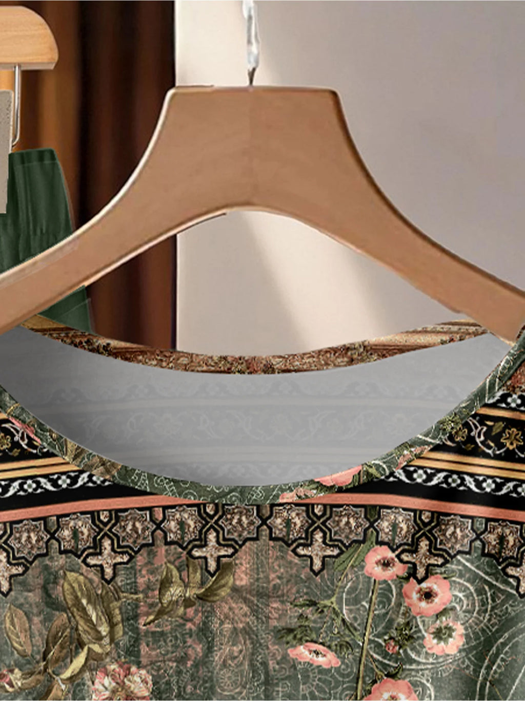 Dark Green Floral Print Twisted Top & Solid Wide Leg Pants Set