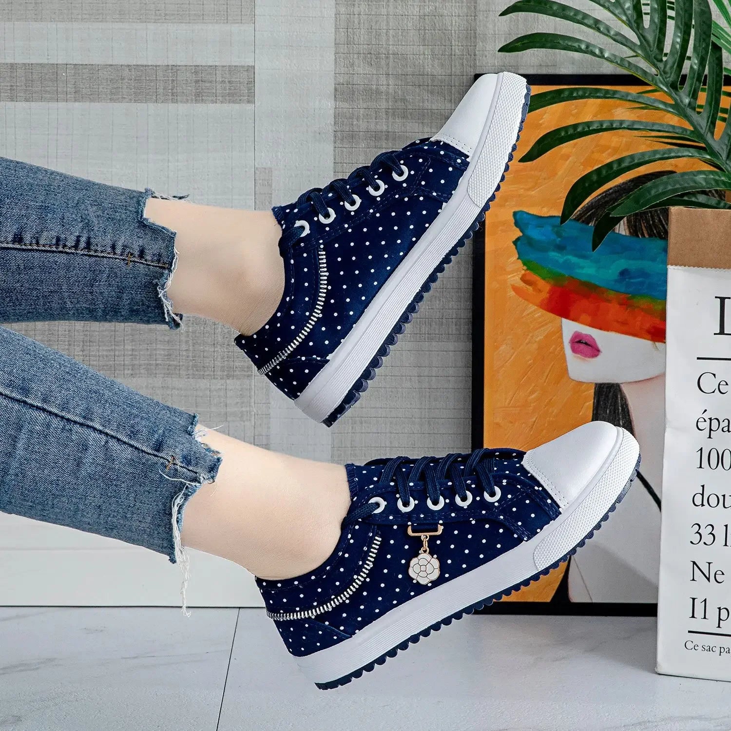 Unique Hollow Mesh Polka Dot Denim Sneakers
