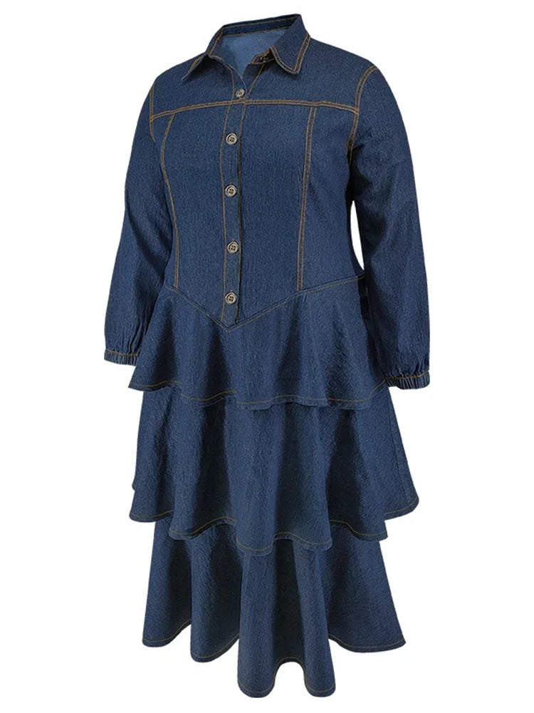 Blue Denim Tiered Ruffle Midi Dress