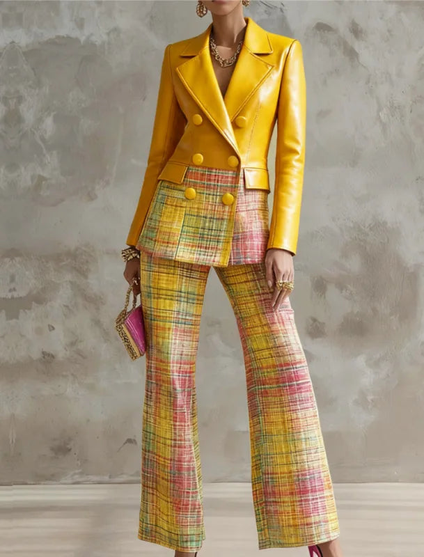PU Leather Blazer & Plaid Flare Pants Set