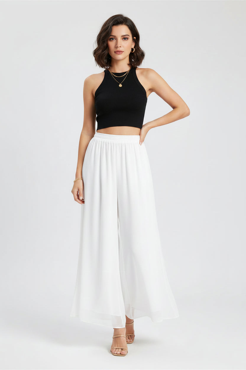 New Summer White Drape Chiffon Wide-Leg Pants Casual Chiffon Trousers Pants Women Clothing Loose High Waist Slim Skirt bd67 Bazaare Mart