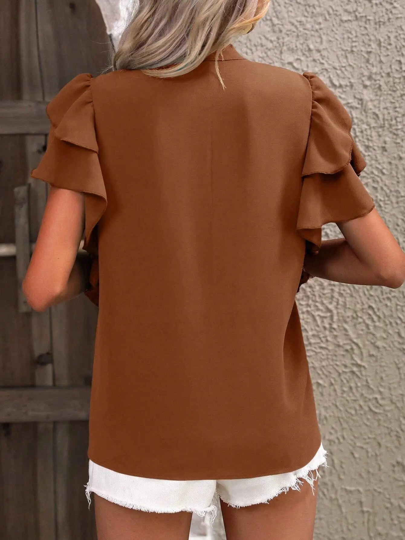 V-neck Ruffle Sleeve Solid Color Blouse