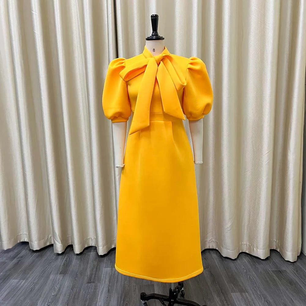 Elegant Solid Color Bow Short Puff Sleeve Full Skirt Midi Dress