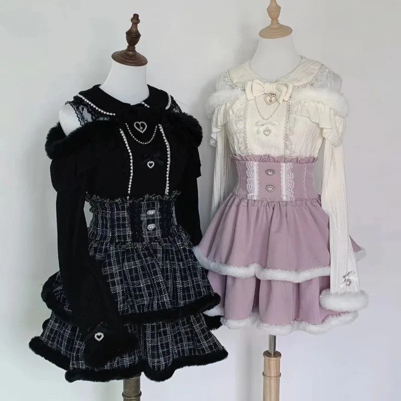 Jirai Kei Layered Skirt Outfit Lolita Y2K Pink Lace Pearl Long Sleeve Top Women Sweet Kawaii High Waist Japanese Style Xmas Set Bazaare Mart
