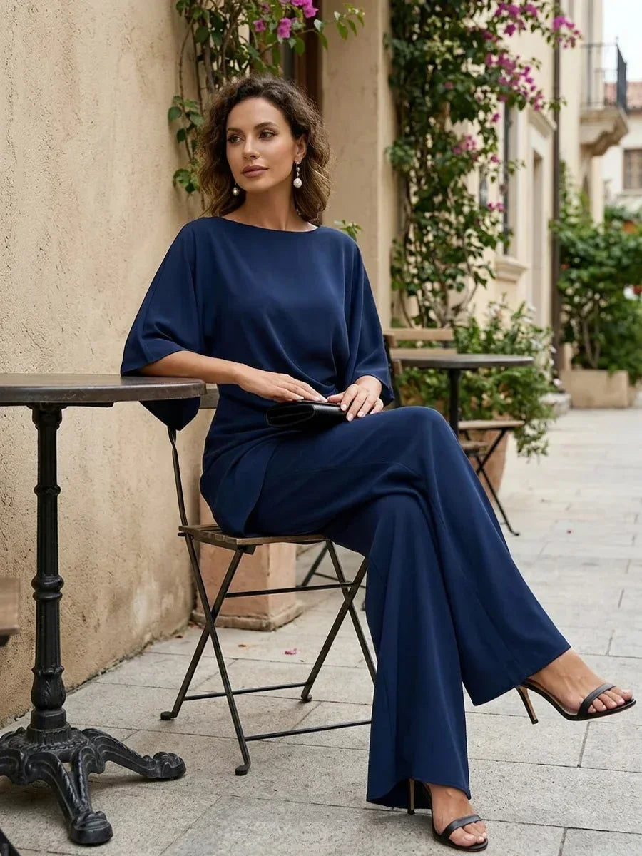 Draped Two-Piece Pants Set with Cape Sleeves and Wide-Leg Pants