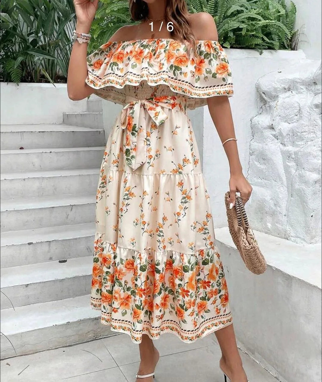 Off-shoulder Long Ruffled Peasant Dress