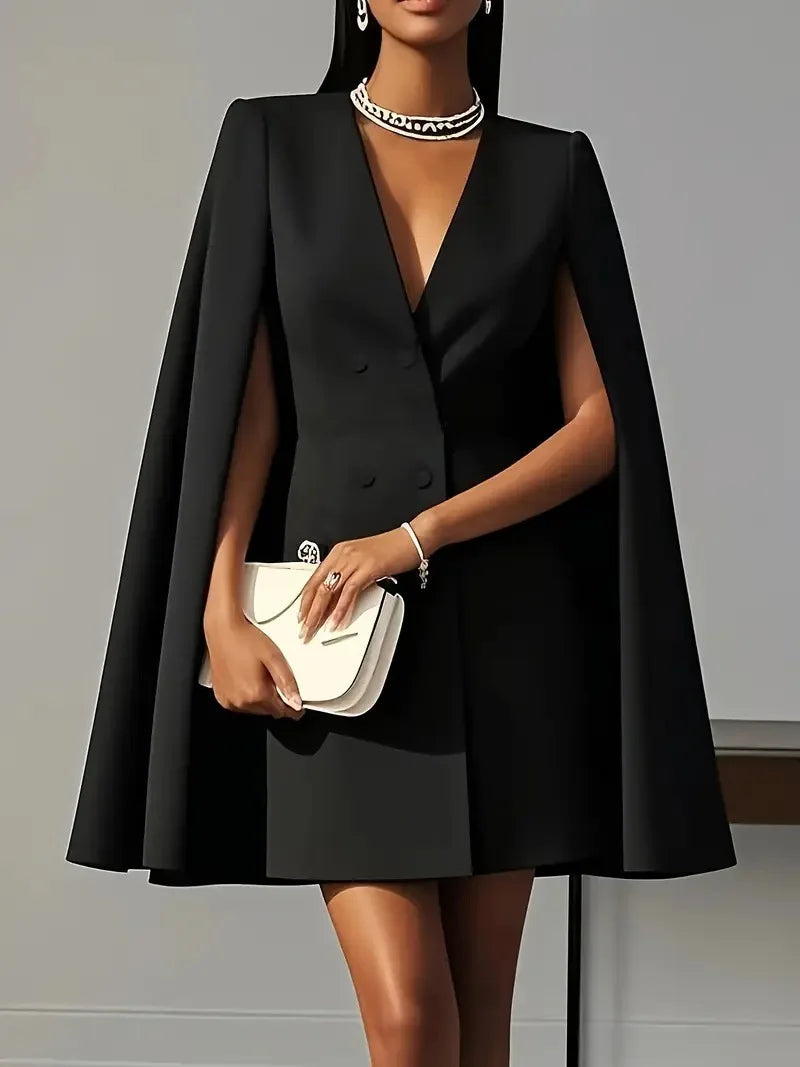 Elegant V-neck Double-breasted Shawl Sleeve Coat Dress
