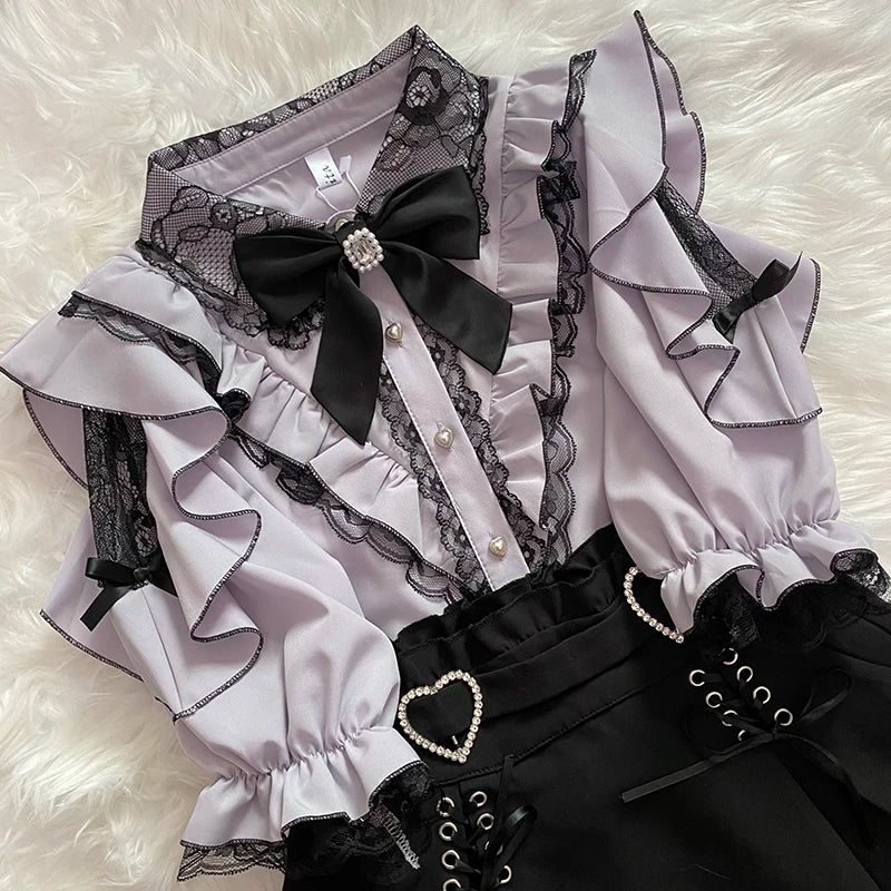 Women's Kawaii Lolita Blouse – Japanese-Inspired Peter Pan Collar Shirt with Lace & Bow Details Bazaare Mart Blouse