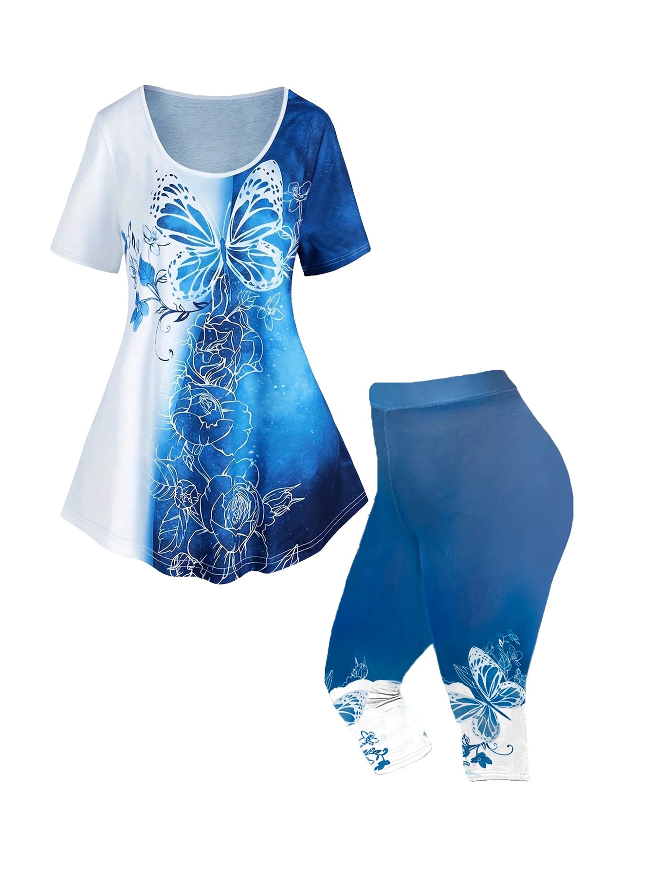 Plus Size Blue Butterfly Print 2-Piece Set | Women's Summer Tunic Top & Capri Leggings Outfit Navy Blue Bazaare Mart 2pc. Capris Outfit