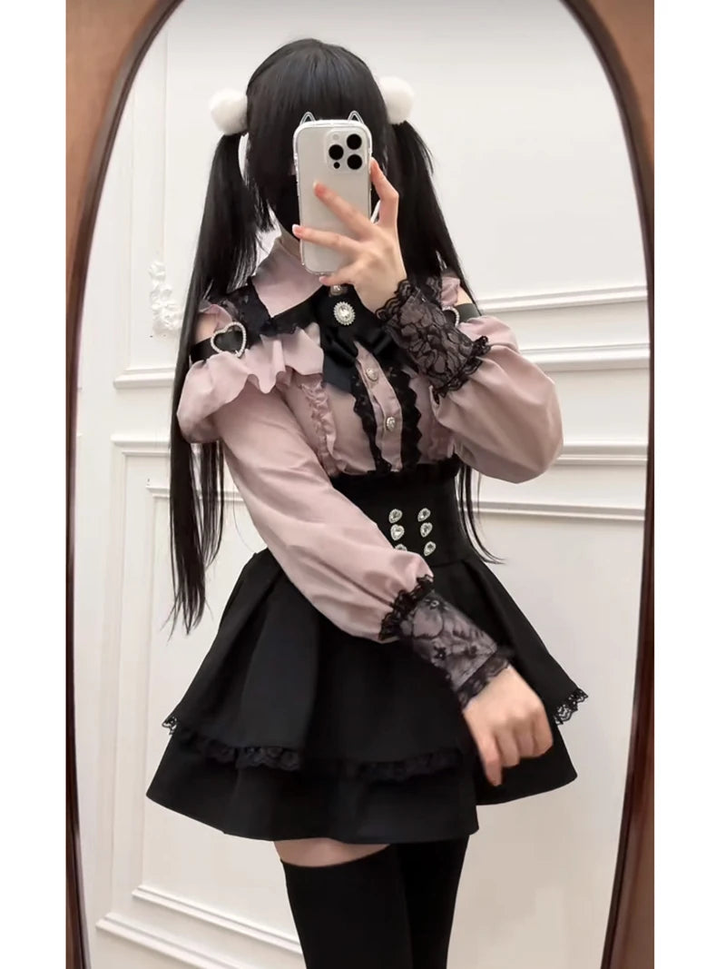 Jirai kei Shirt JK Skirt Japanese Style Lolita Y2K Sweet School Uniform Blouse Top Dress Darkness Outfit Women Girls Theme Party Bazaare Mart