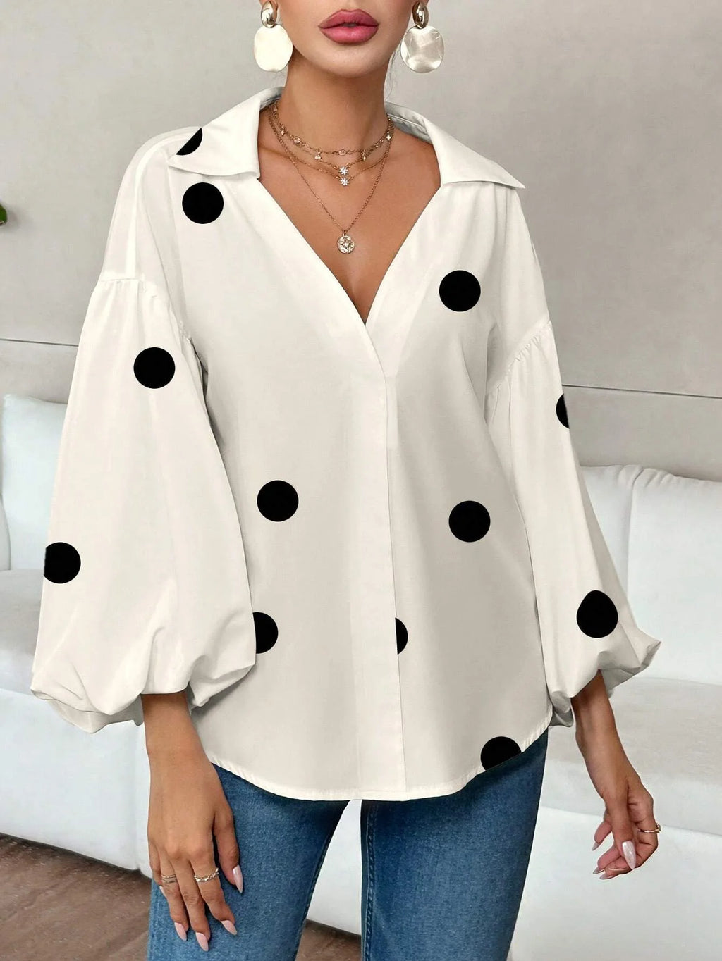 Boho Women's Blouses Spring Fall New Fashion French Polka Dot Half-neck Design Loose Puff Long-sleeve Top Casual Shirts Women Bazaare Mart