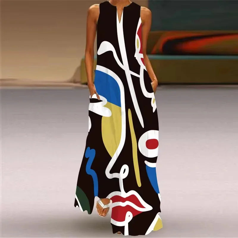 Summer Outdoor Street Fashion Women's Long Dress New Abstract Art Print Dress Sleeveless Vest V-Neck Fashion Women's Party Dress WXDress-153 Bazaare Mart
