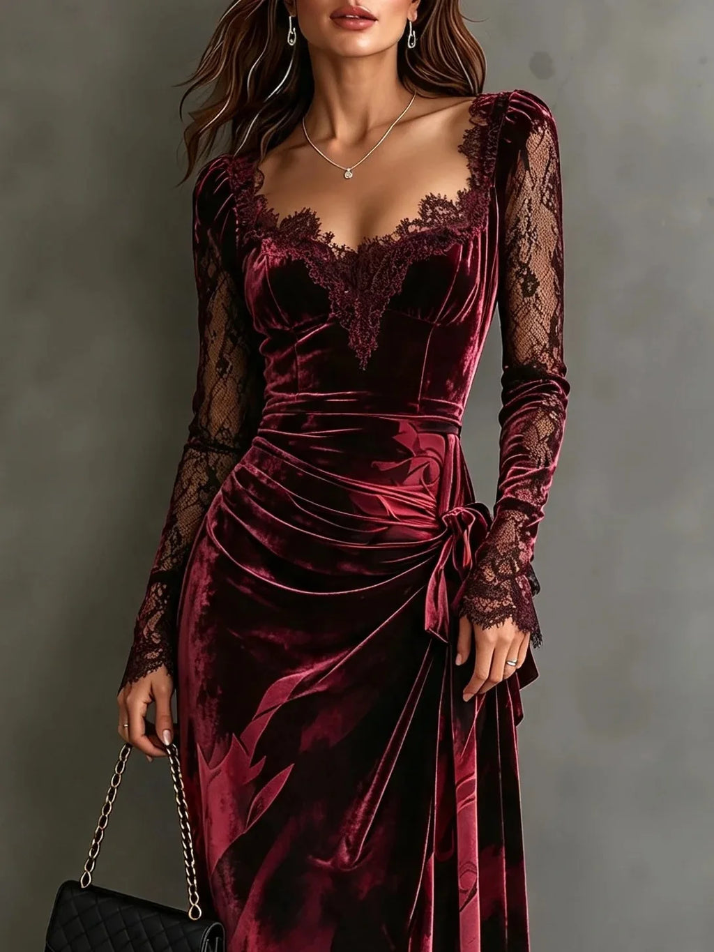 Burgundy Velvet Lace-Trim Fishtail Midi Dress