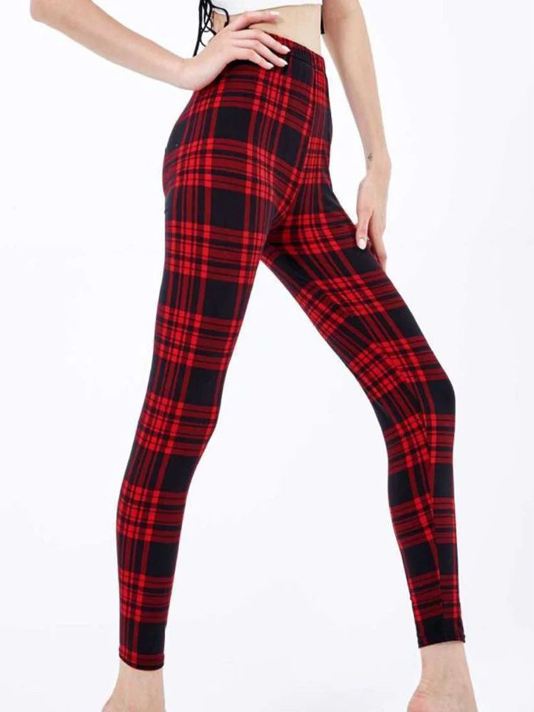 Women's Printed Leggings – Stretch Ankle-Length Fashion Leggings with Unique Pattern Designs PD179Blackred plaid Bazaare Mart Leggings
