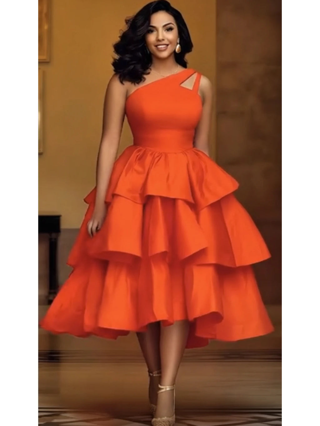 One-Shoulder Cutout Tiered Midi Dress