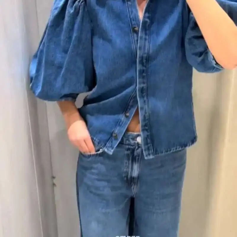 Denim Puff Sleeve Shirt & Wide Leg Jeans